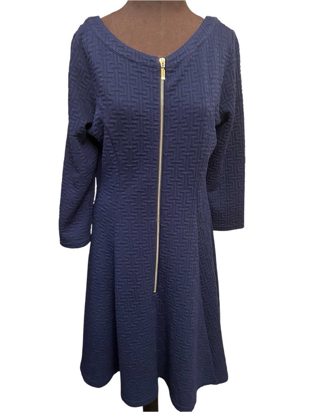 Solid Navy Blue Textured Zip-Front Women’s Long Sleeve Warm Dress